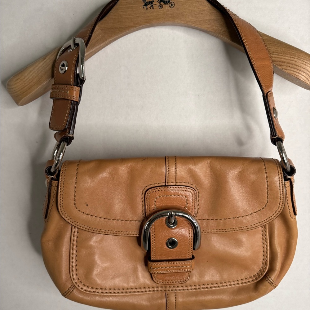 Coach medium SOHO buckle tan leather front flap shoulder bag